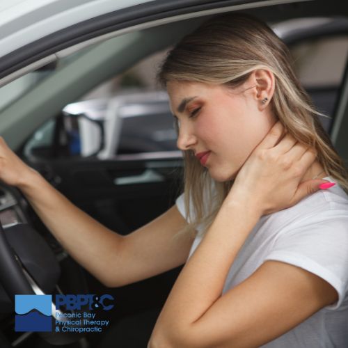 A woman sits in the driver's seat of a car, holding her neck and appearing to be in pain. The logo for Peconic Bay Physical Therapy & Chiropractic is visible in the corner.